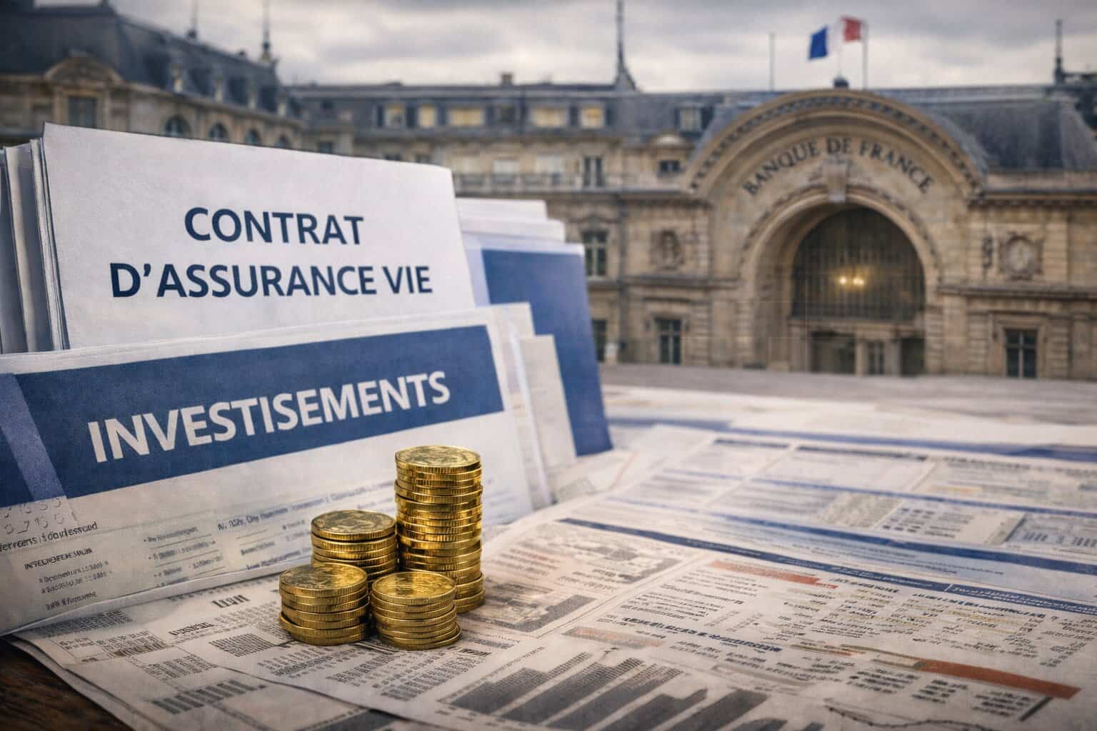 Dossier de contrat d'assurance-vie posé sur des journaux financiers avec des piles de pièces d'or, devant la Banque de France
