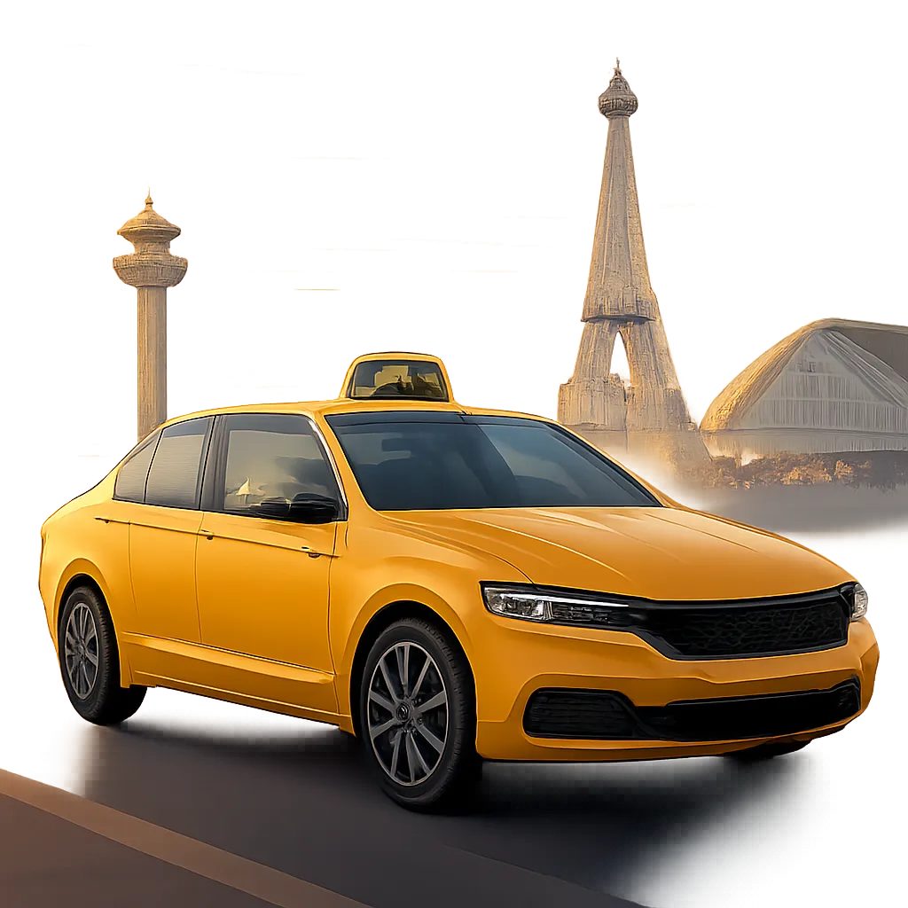 Illustration moderne d’un taxi parisien dans un décor urbain élégant, évoquant la réservation simple et les trajets vers les gares ou les aéroports. L’image transmet une sensation de fiabilité, de rapidité et de sérénité.