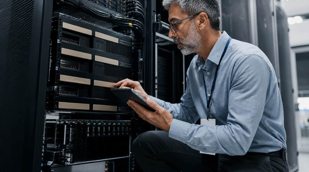 Un technicien de maintenance accroupi dans une salle informatique devant une baie de serveurs. Il tient une tablette dans une main et pointe du doigt un serveur NVIDIA. Cette image illustre la production de GPU pour l'Intelligence Artificielle.