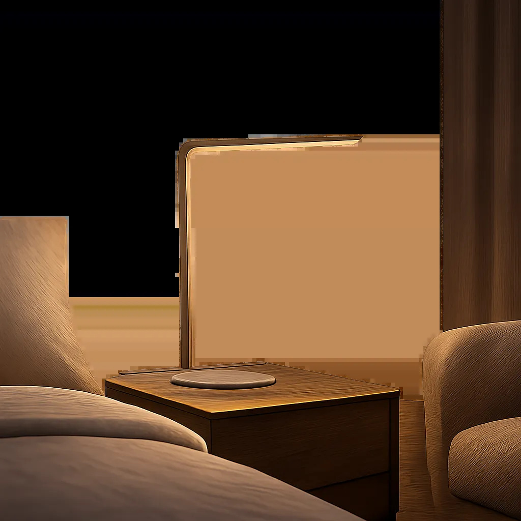 Une lampe LED élégante diffuse une lumière douce dans un intérieur minimaliste. L’image évoque le confort visuel, la polyvalence et l’intégration premium dans la décoration.